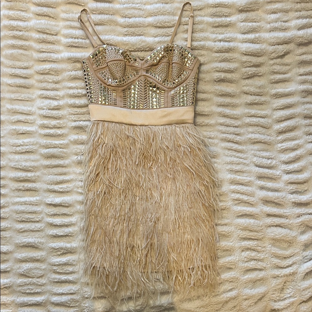 bebe Gold and Champagne Embellished Feather Dress